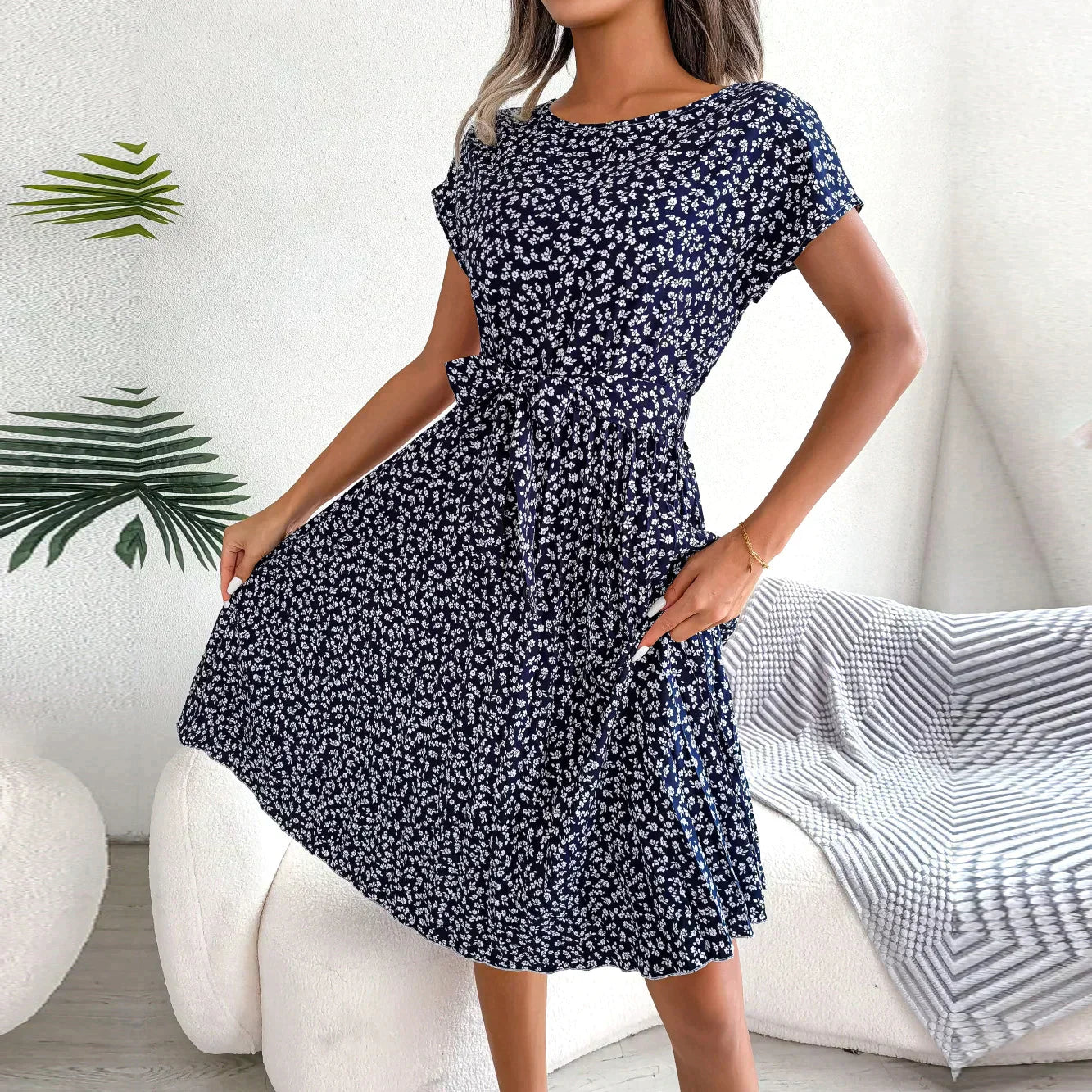 Women’s Midi Dress - A-Line Pleated Skirt - Short Sleeve - Tie Waist Flowy Fit