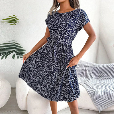 Women’s Midi Dress - A-Line Pleated Skirt - Short Sleeve - Tie Waist Flowy Fit