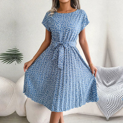 Women’s Midi Dress - A-Line Pleated Skirt - Short Sleeve - Tie Waist Flowy Fit
