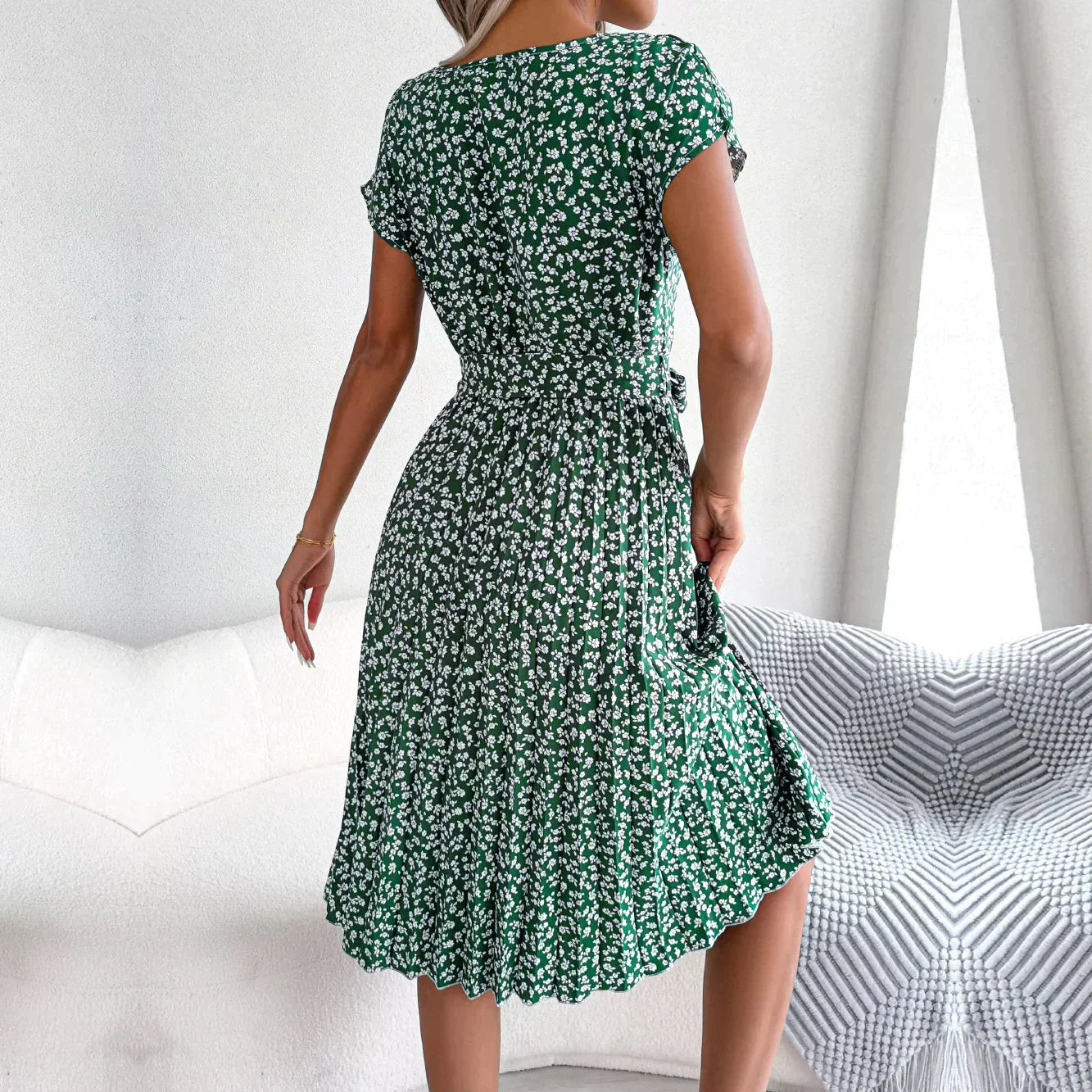 Women’s Midi Dress - A-Line Pleated Skirt - Short Sleeve - Tie Waist Flowy Fit