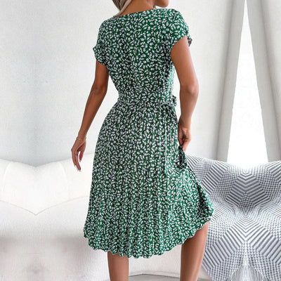 Women’s Midi Dress - A-Line Pleated Skirt - Short Sleeve - Tie Waist Flowy Fit