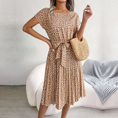Women’s Midi Dress - A-Line Pleated Skirt - Short Sleeve - Tie Waist Flowy Fit