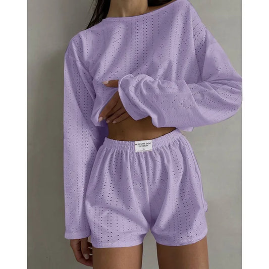 Women's Lounge Set - Oversized Crop Top & High-Waisted Shorts - Breathable Eyelet Knit