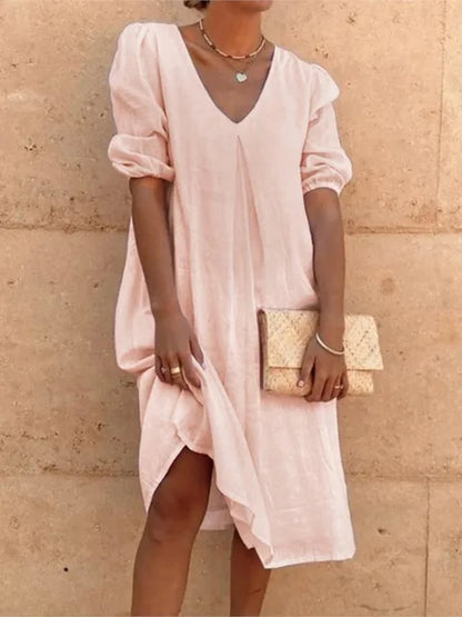 Women’s Midi Dress – Relaxed Fit – V-Neck – Gathered Sleeves – Breathable Blend