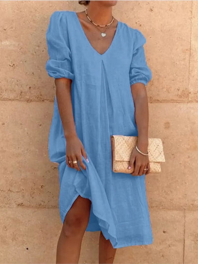 Women’s Midi Dress – Relaxed Fit – V-Neck – Gathered Sleeves – Breathable Blend