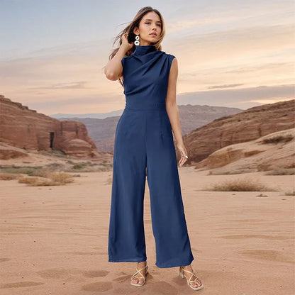 Women's casual sleeveless top with high collar and wide-leg pants set