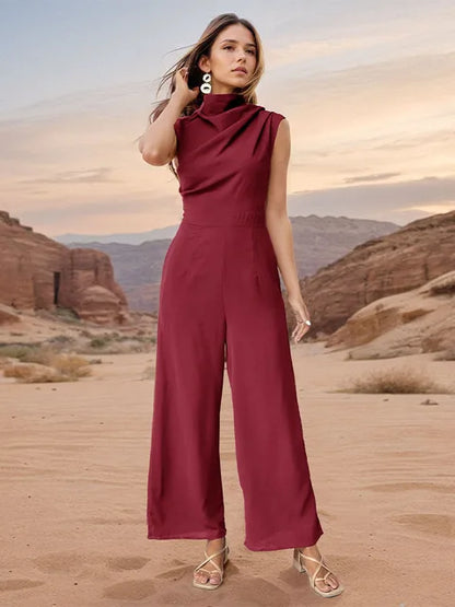 Women's casual sleeveless top with high collar and wide-leg pants set