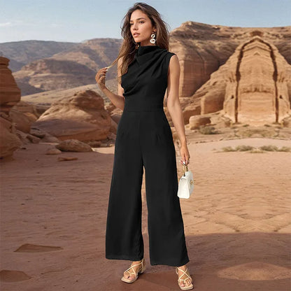 Women's casual sleeveless top with high collar and wide-leg pants set