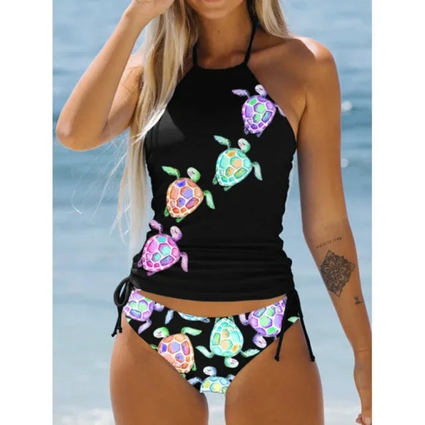 Women’s Swimsuit Set – Halter Neck Top – Printed Motif – Adjustable Ruched Bottom