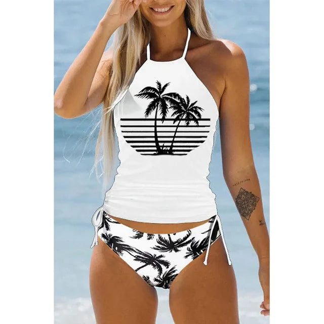 Women’s Swimsuit Set – Halter Neck Top – Printed Motif – Adjustable Ruched Bottom