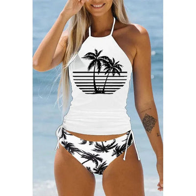 Women’s Swimsuit Set – Halter Neck Top – Printed Motif – Adjustable Ruched Bottom