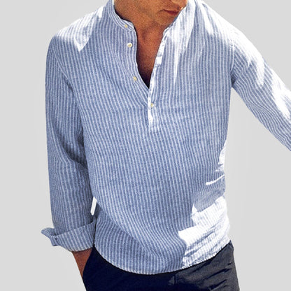 Men’s Henley Shirt - Cotton Linen Blend - Band Collar - Long Sleeve Striped Casual Wear