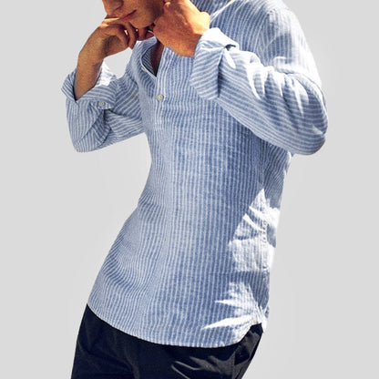 Men’s Henley Shirt - Cotton Linen Blend - Band Collar - Long Sleeve Striped Casual Wear