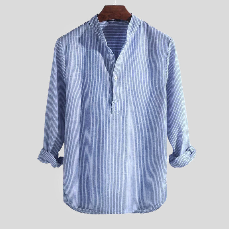 Men’s Henley Shirt - Cotton Linen Blend - Band Collar - Long Sleeve Striped Casual Wear