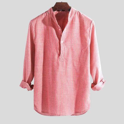 Men’s Henley Shirt - Cotton Linen Blend - Band Collar - Long Sleeve Striped Casual Wear