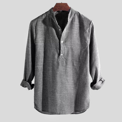 Men’s Henley Shirt - Cotton Linen Blend - Band Collar - Long Sleeve Striped Casual Wear