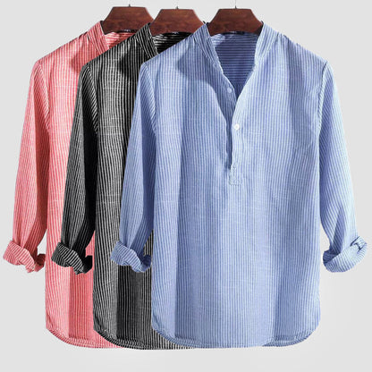 Men’s Henley Shirt - Cotton Linen Blend - Band Collar - Long Sleeve Striped Casual Wear