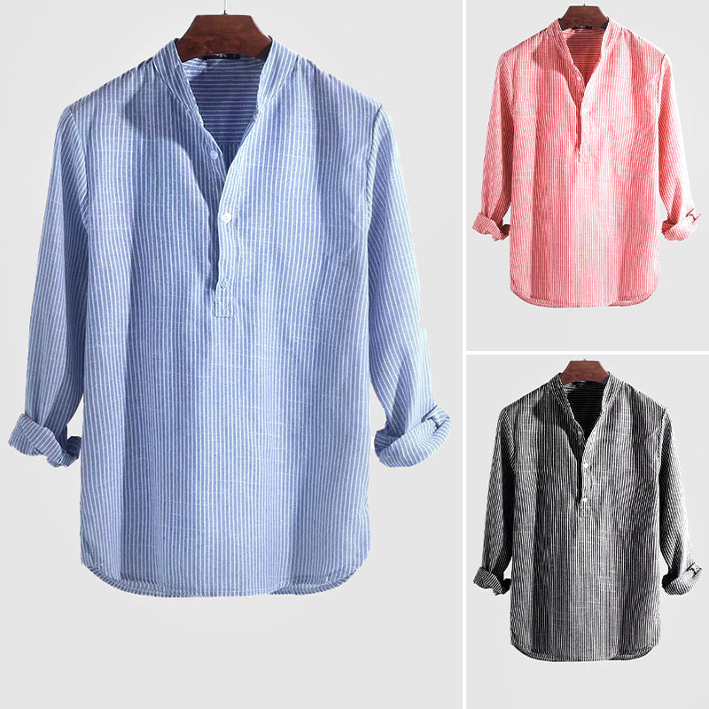 Men’s Henley Shirt - Cotton Linen Blend - Band Collar - Long Sleeve Striped Casual Wear