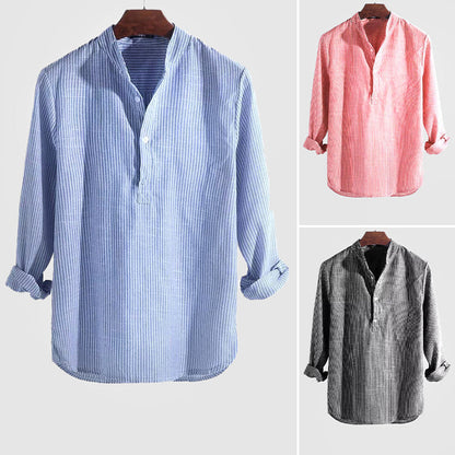 Men’s Henley Shirt - Cotton Linen Blend - Band Collar - Long Sleeve Striped Casual Wear