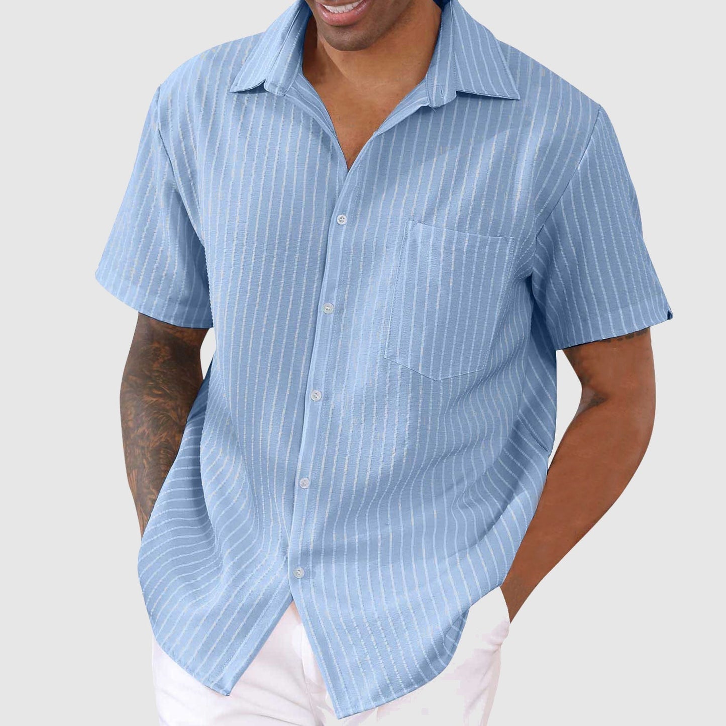 Men's Short-Sleeve Button-Up Shirt - Classic Collar - Relaxed Fit - Striped Pattern