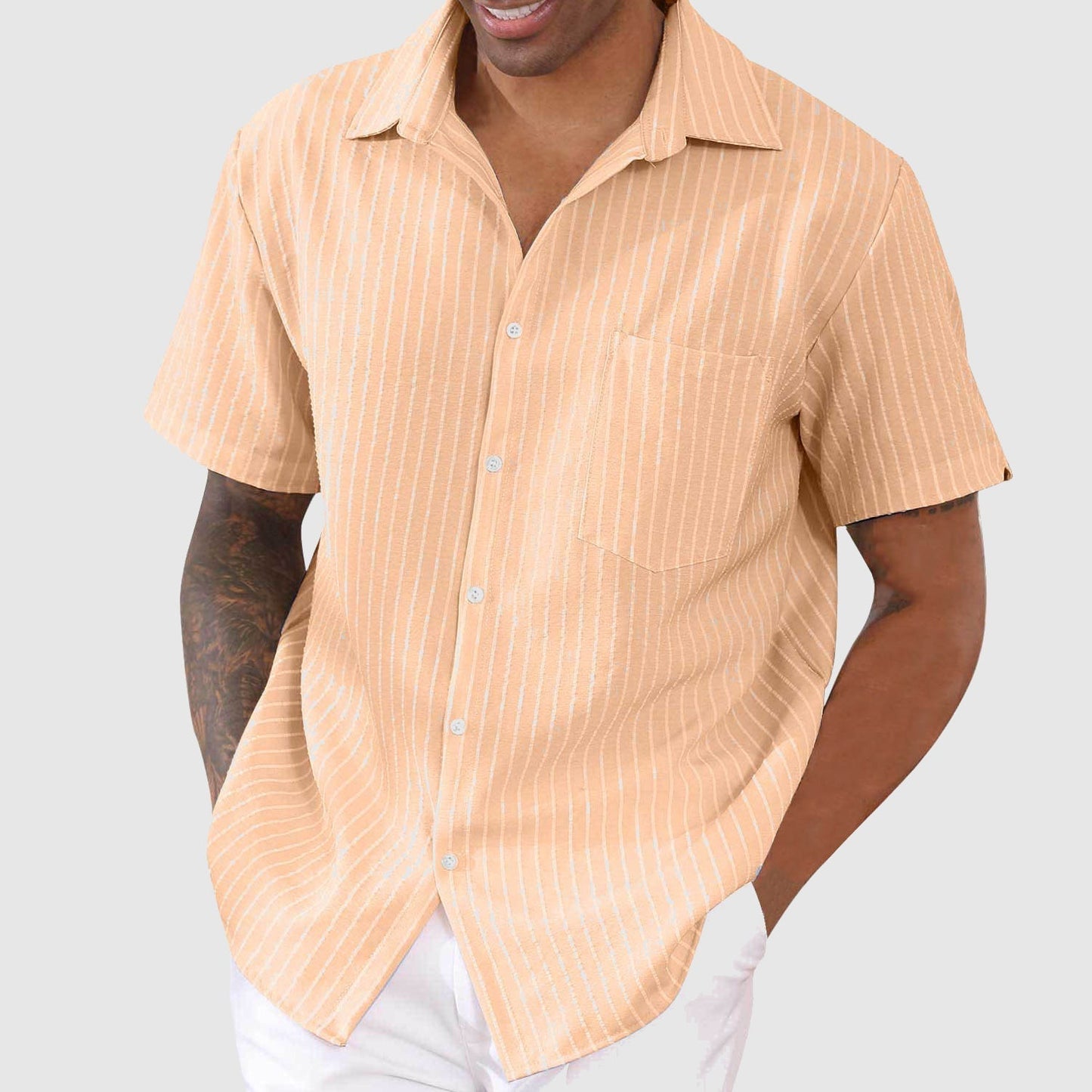 Men's Short-Sleeve Button-Up Shirt - Classic Collar - Relaxed Fit - Striped Pattern