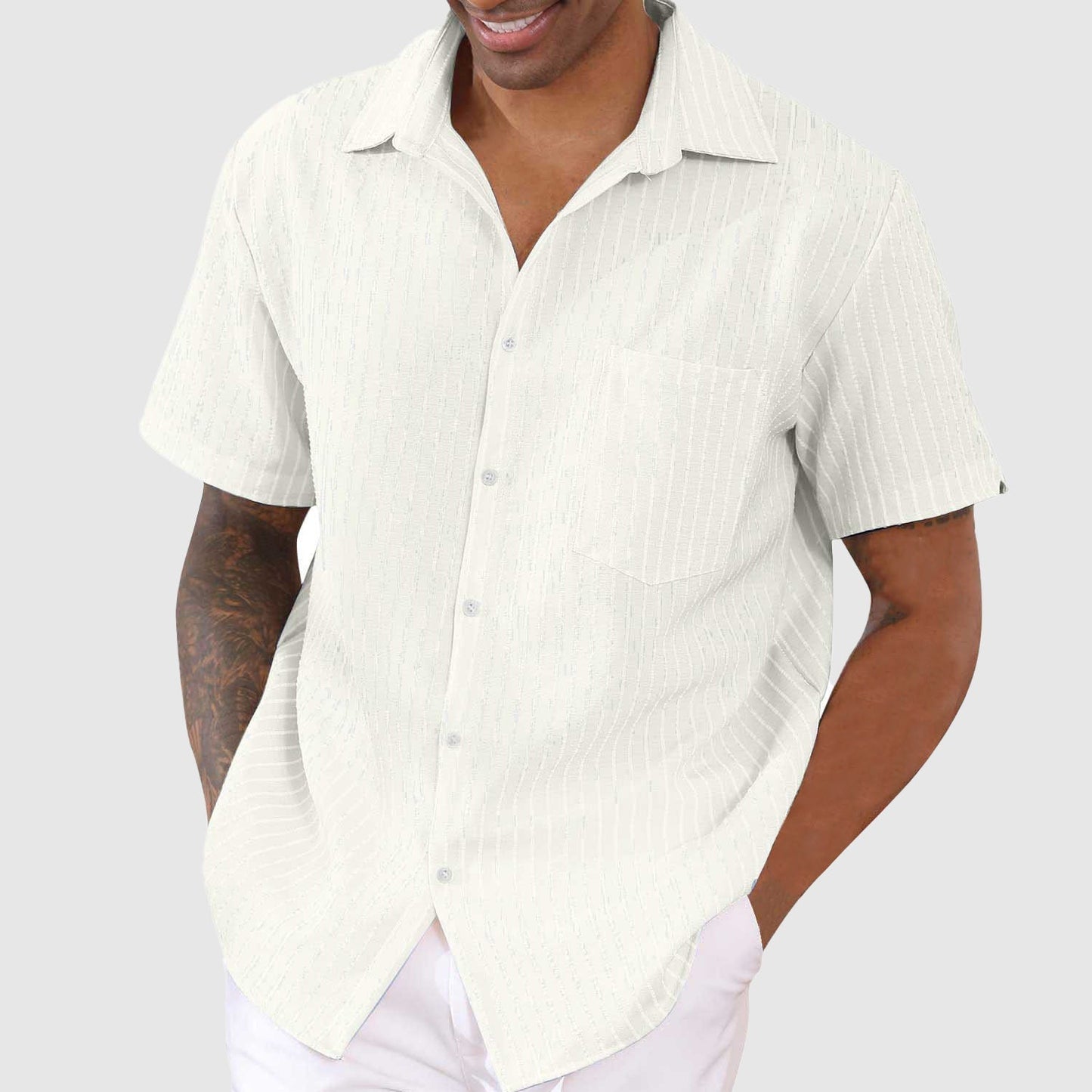 Men's Short-Sleeve Button-Up Shirt - Classic Collar - Relaxed Fit - Striped Pattern