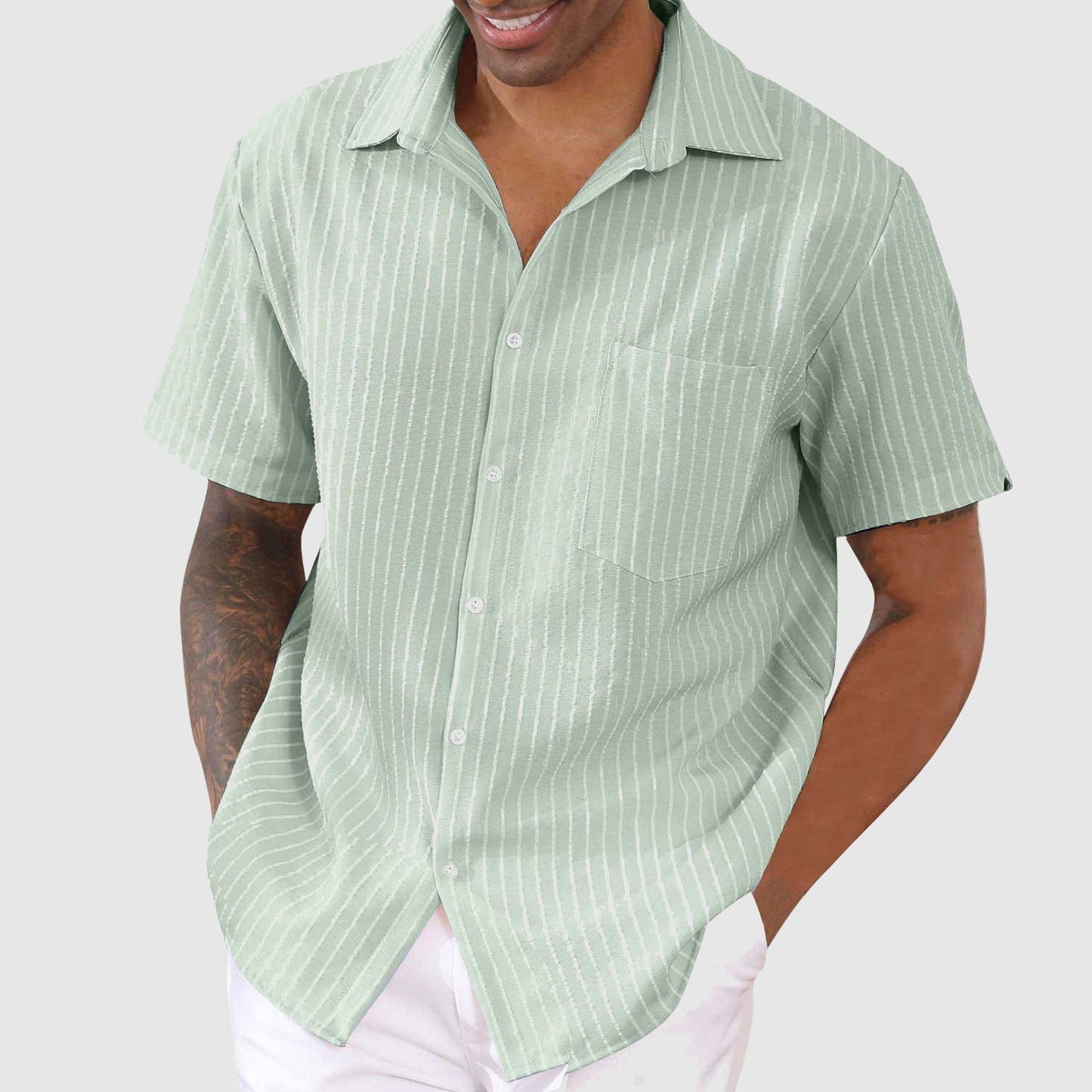 Men's Short-Sleeve Button-Up Shirt - Classic Collar - Relaxed Fit - Striped Pattern