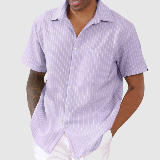 Men's Short-Sleeve Button-Up Shirt - Classic Collar - Relaxed Fit - Striped Pattern