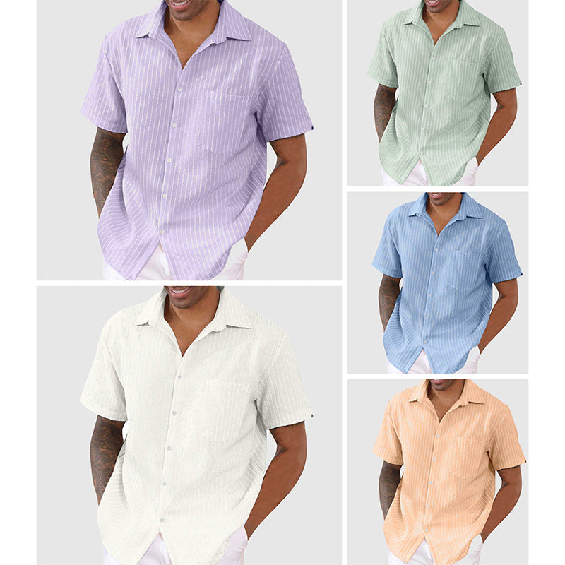 Men's Short-Sleeve Button-Up Shirt - Classic Collar - Relaxed Fit - Striped Pattern