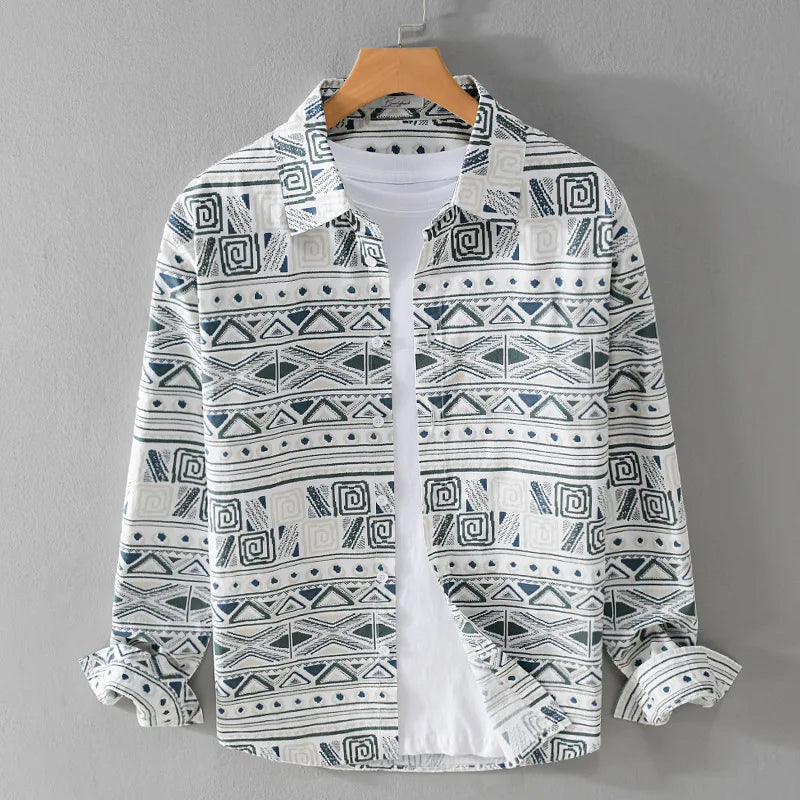 Men’s Long-Sleeve Button-Up Shirt - Geometric Pattern - Classic Collar - Breathable Cotton