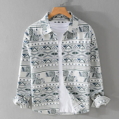 Men’s Long-Sleeve Button-Up Shirt - Geometric Pattern - Classic Collar - Breathable Cotton