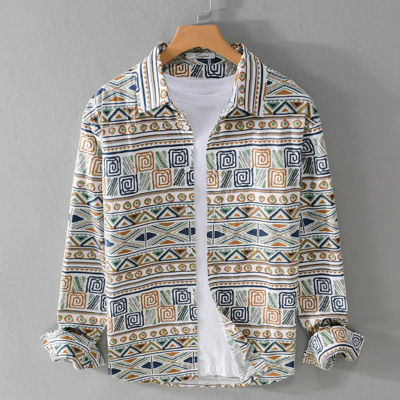 Men’s Long-Sleeve Button-Up Shirt - Geometric Pattern - Classic Collar - Breathable Cotton