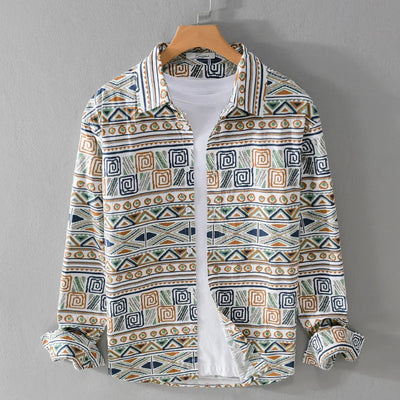 Men’s Long-Sleeve Button-Up Shirt - Geometric Pattern - Classic Collar - Breathable Cotton