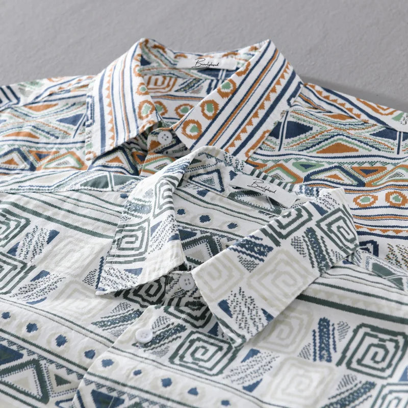 Men’s Long-Sleeve Button-Up Shirt - Geometric Pattern - Classic Collar - Breathable Cotton