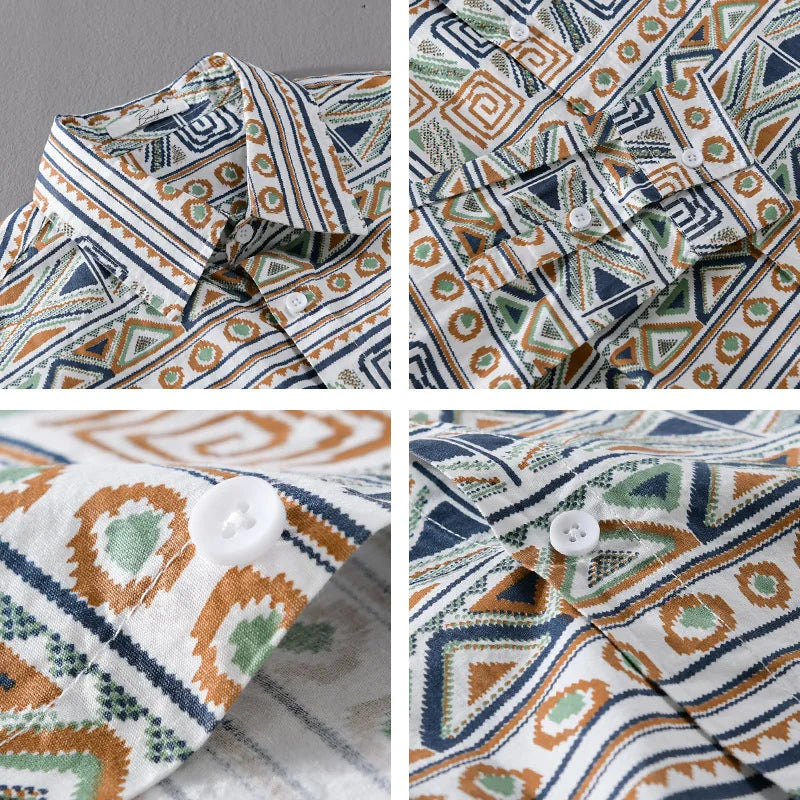 Men’s Long-Sleeve Button-Up Shirt - Geometric Pattern - Classic Collar - Breathable Cotton
