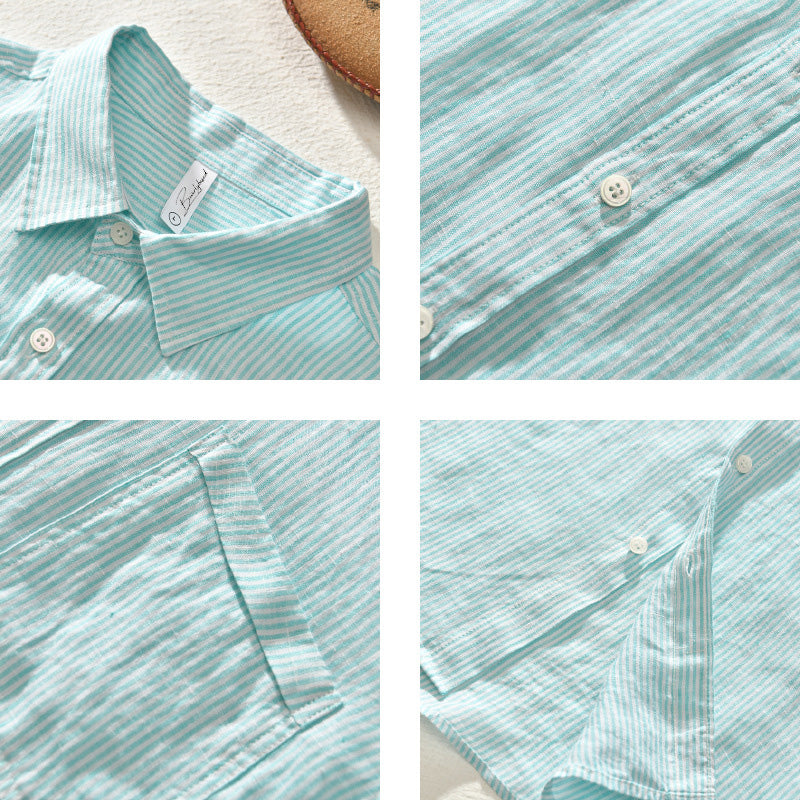 Men’s Button-Up Shirt - Cotton Linen Blend - Textured Pattern - Long Sleeve Casual Wear