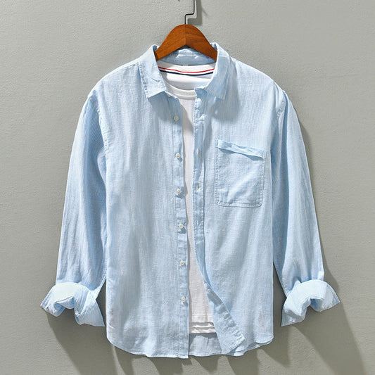 Men’s Button-Up Shirt - Cotton Linen Blend - Textured Pattern - Long Sleeve Casual Wear