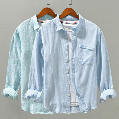 Men’s Button-Up Shirt - Cotton Linen Blend - Textured Pattern - Long Sleeve Casual Wear