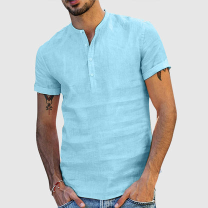 Men’s Henley Shirt - Linen Cotton Blend - Short Sleeve - Relaxed Fit Breathable Casual Wear
