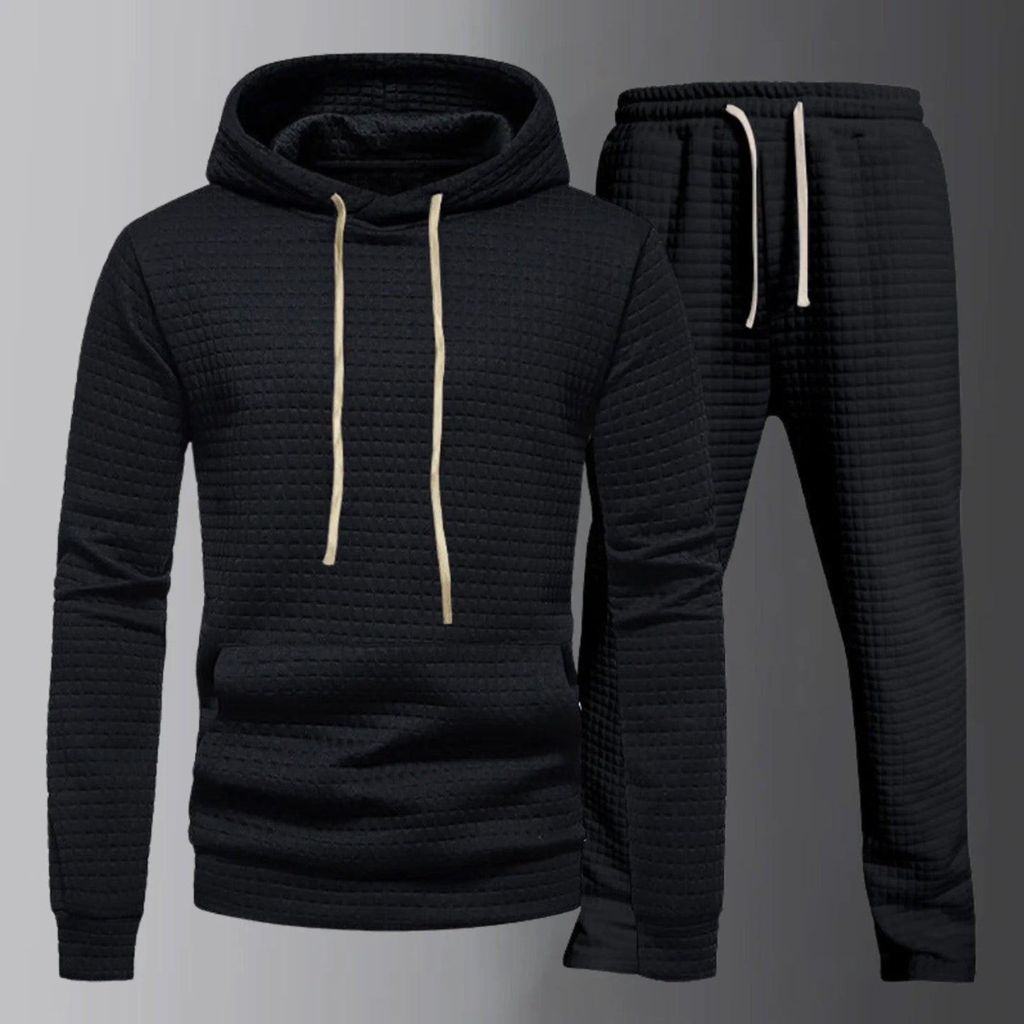 Men's sweatshirt with hood, drawstring, and matching pants