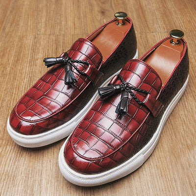 Men’s Leather Loafers – Embossed Croc Pattern – Tassel Detail – Slip-On Formal Shoes
