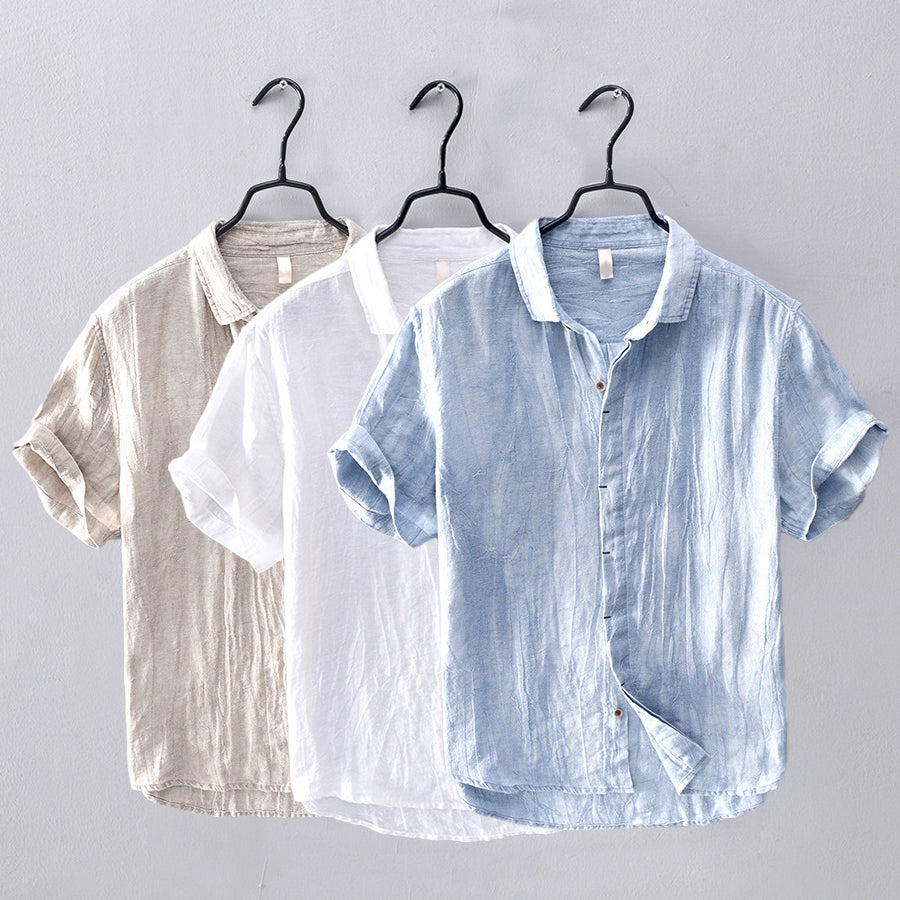 Men’s Linen Shirt - Breathable Lightweight Fabric - Short Sleeve Button-Up Casual Wear