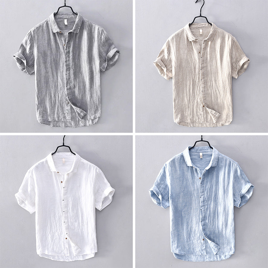 Men’s Linen Shirt - Breathable Lightweight Fabric - Short Sleeve Button-Up Casual Wear