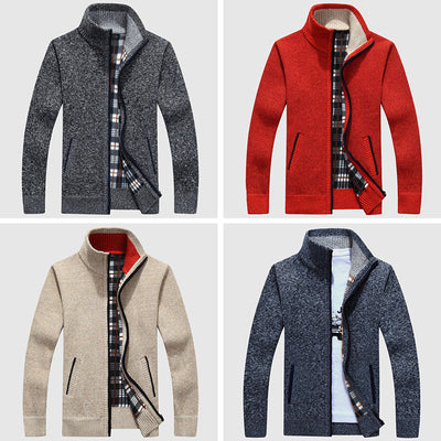 Men’s Zip-Up Cardigan - High Collar - Textured Knit - Warm Plaid Lining - Ribbed Cuffs