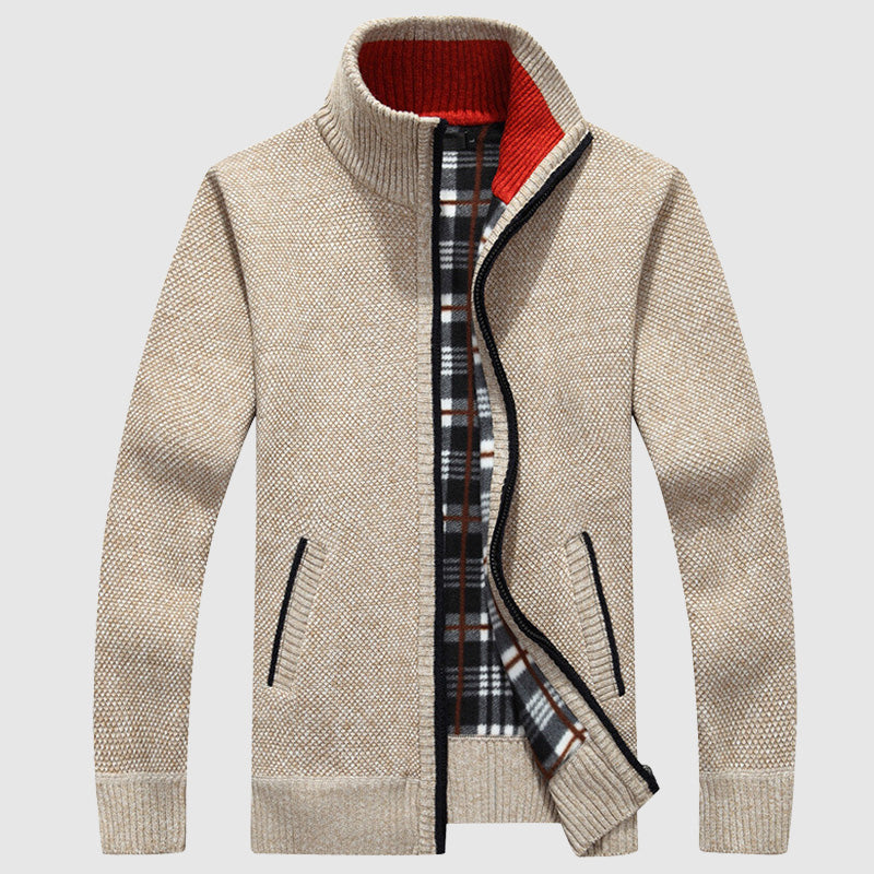Men’s Zip-Up Cardigan - High Collar - Textured Knit - Warm Plaid Lining - Ribbed Cuffs
