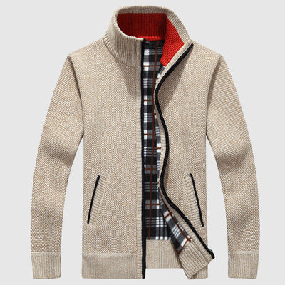 Men’s Zip-Up Cardigan - High Collar - Textured Knit - Warm Plaid Lining - Ribbed Cuffs