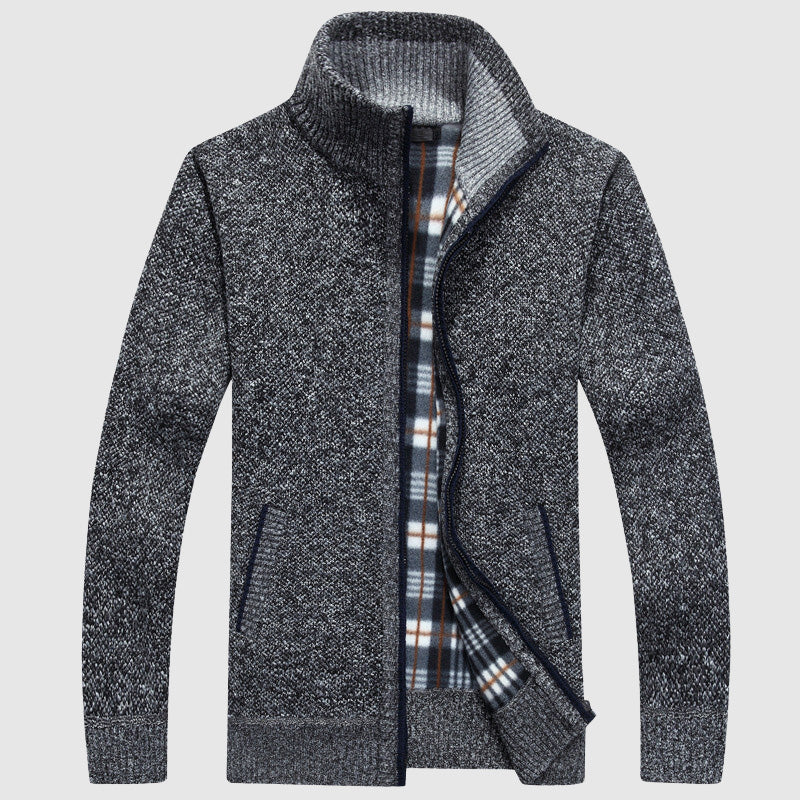 Men’s Zip-Up Cardigan - High Collar - Textured Knit - Warm Plaid Lining - Ribbed Cuffs