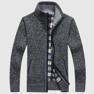 Men’s Zip-Up Cardigan - High Collar - Textured Knit - Warm Plaid Lining - Ribbed Cuffs