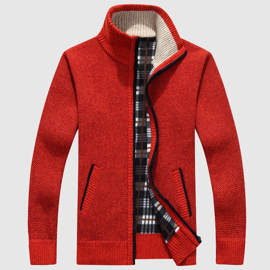 Men’s Zip-Up Cardigan - High Collar - Textured Knit - Warm Plaid Lining - Ribbed Cuffs