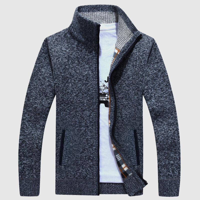 Men’s Zip-Up Cardigan - High Collar - Textured Knit - Warm Plaid Lining - Ribbed Cuffs